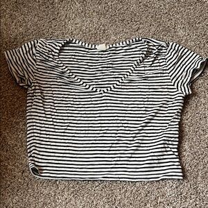 Garage Black and White Striped V-Neck Crop Tee